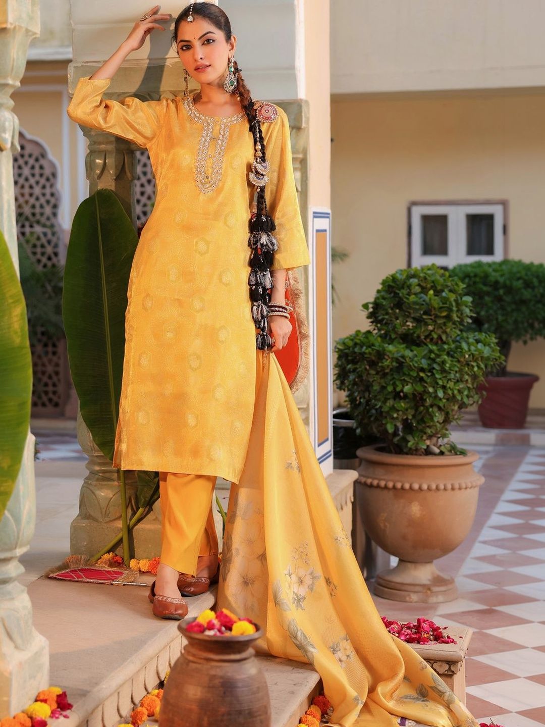 Dhiyona RR Women's Ethnic Motifs Regular Pure Cotton Kurta with Trousers & With Dupatta