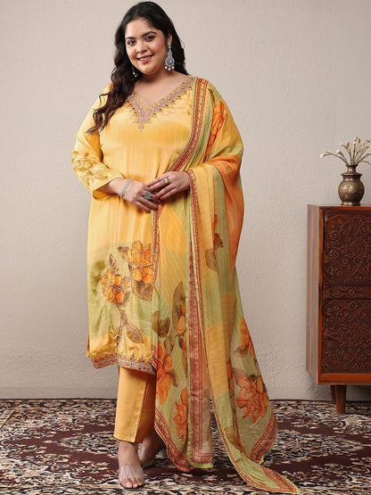 Dhiyona Women's Plus Size Floral Printed Silk Crepe Kurta with Trousers & Dupatta