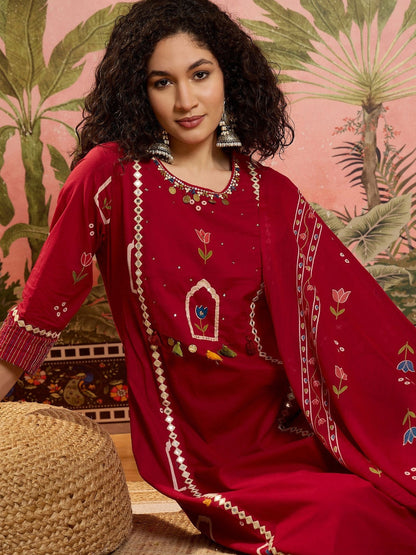 Printed Pure Cotton Round Neck Kurta & Trousers With Dupatta