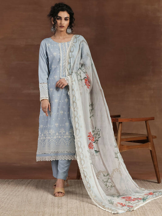 Women's LB Blue Embroidered Silk Blend Straight Suit With Dupatta