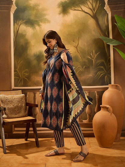 Ethnic Motifs Printed V-Neck Cotton Straight Kurta With Trouser & Dupatta