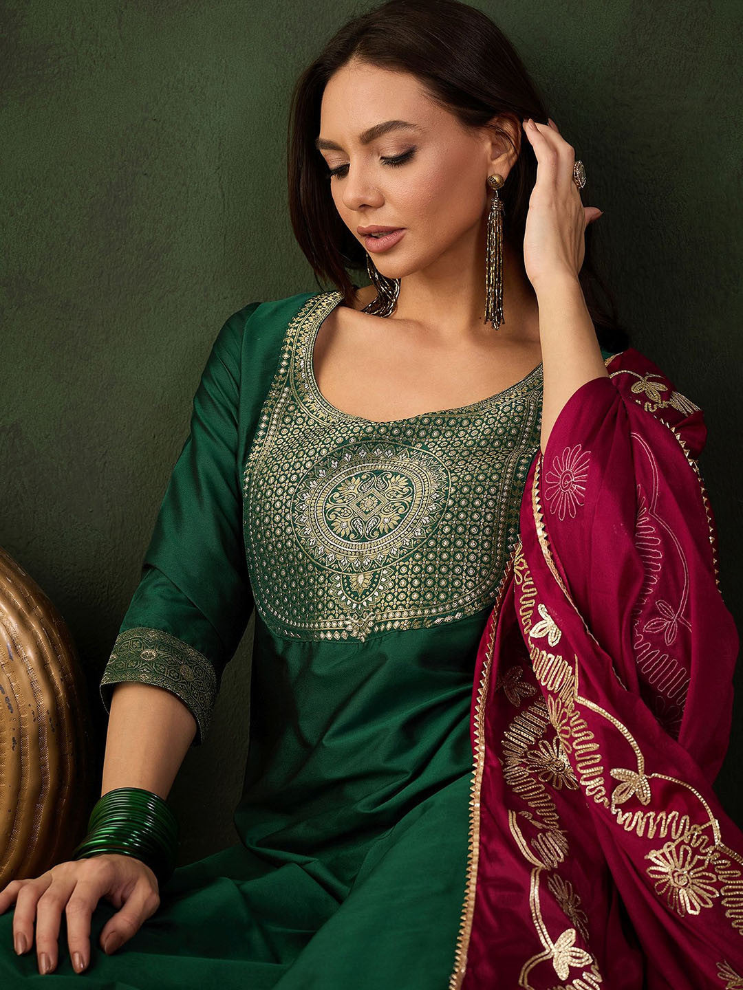 Dhiyona SN Woven Design Kurta & Trouser With Dupatta