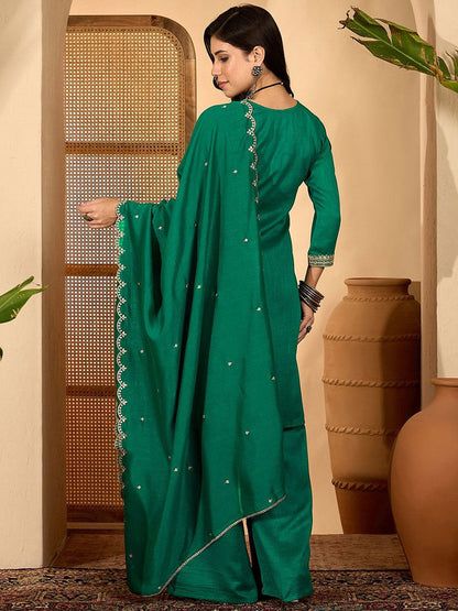 Dhiyona SN Floral Embroidered Round Neck Straight Kurta & Palazzos With Dupatta