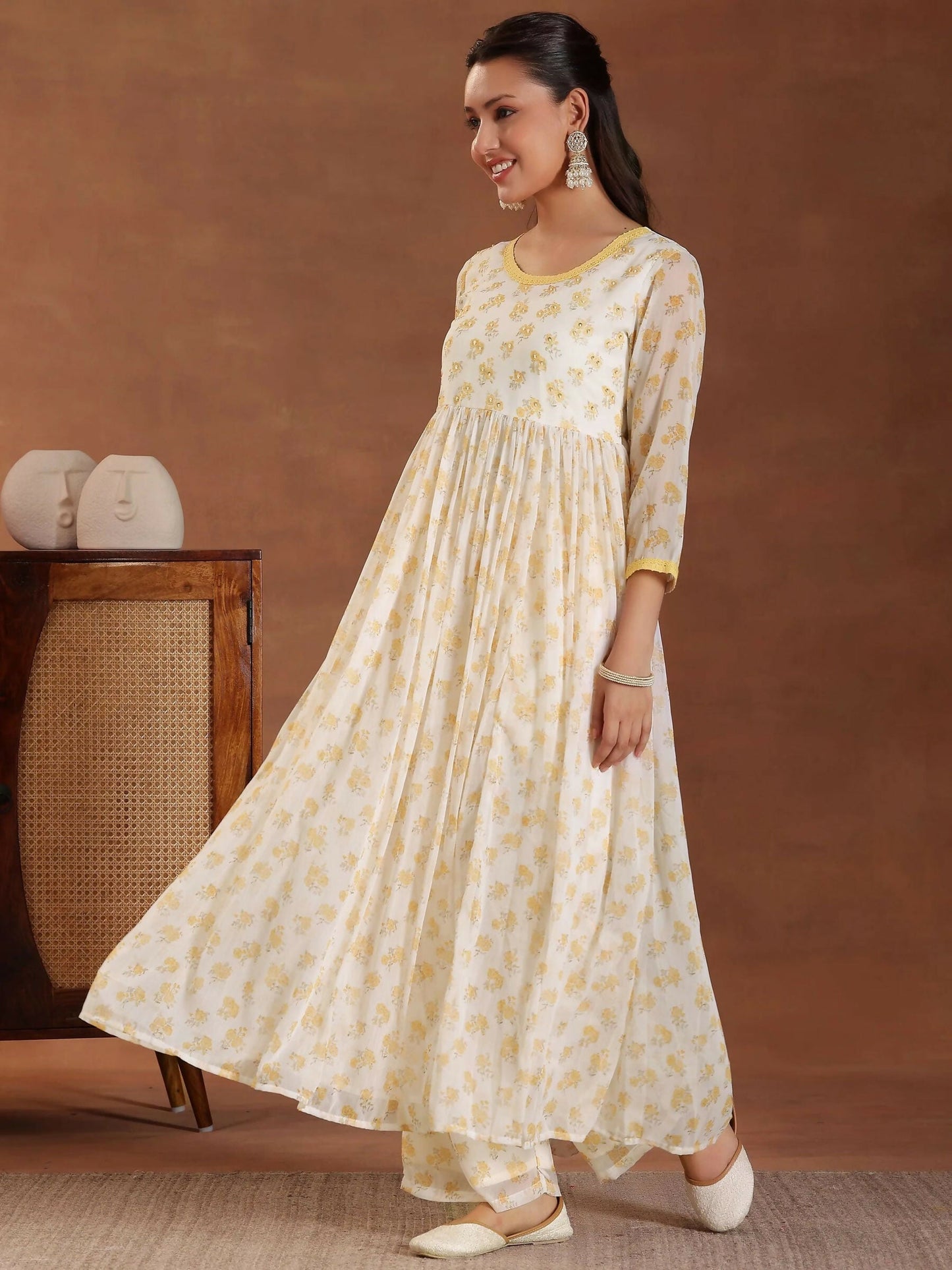 Women's LB Off white Printed Poly Chiffon A-Line Kurta With Sharara & Dupatta