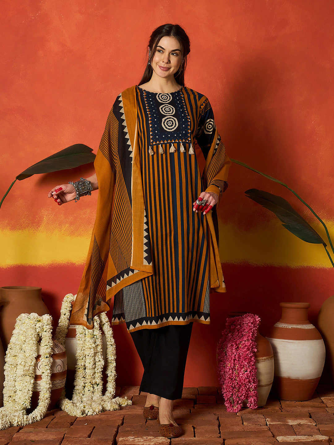 Striped Pure Cotton Round Neck Kurta & Trousers With Dupatta