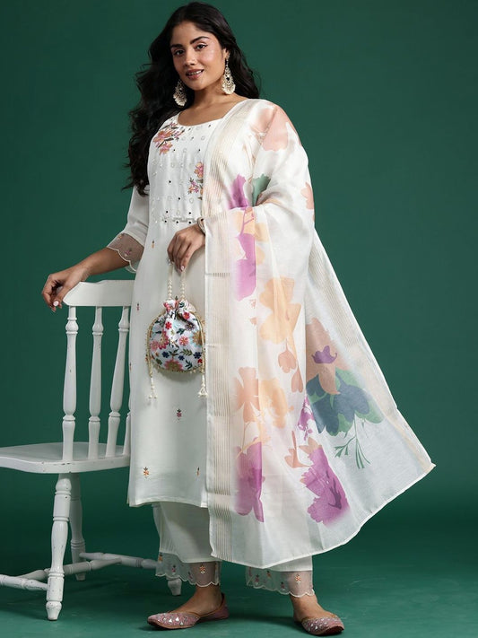 Dhiyona Women's Floral Embroidered Regular Mirror Work Kurta with Trousers & With Dupatta