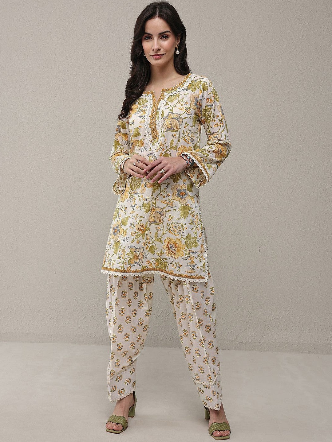 White Floral Printed Cotton Straight Kurta Set