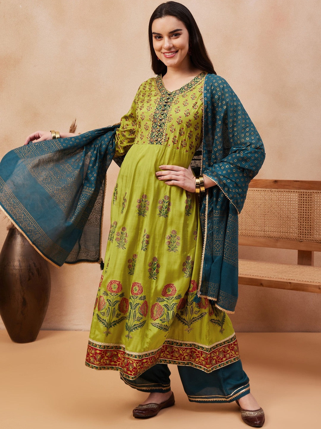 Printed Round Neck Kurta & Palazzos With Dupatta