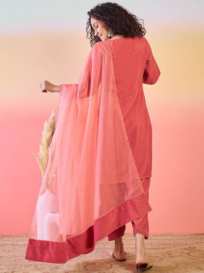Floral Yoke Design Sequinned Round Neck Velvet Straight Kurta & Salwar & Dupatta