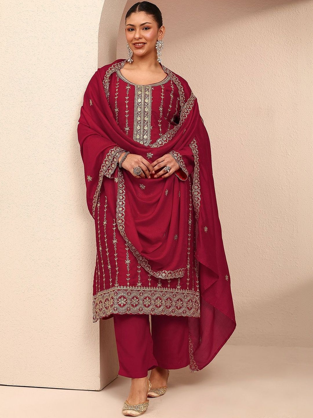 Dhiyona Women's Ethnic Motifs Embroidered Regular Thread Work Kurta with Palazzos & With Dupatta
