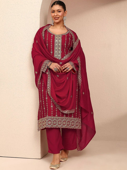 Dhiyona Women's Ethnic Motifs Embroidered Regular Thread Work Kurta with Palazzos & With Dupatta