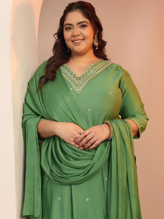 Dhiyona Women's Plus Size Embroidered Kurta with Harem Pants & Dupatta