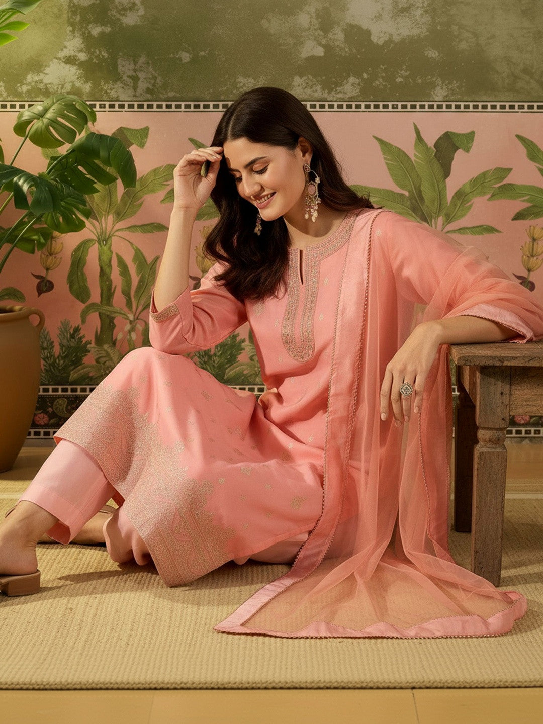 Women Ethnic Motifs Embroidered Regular Chanderi Cotton Kurta with Trousers & With Dupatta