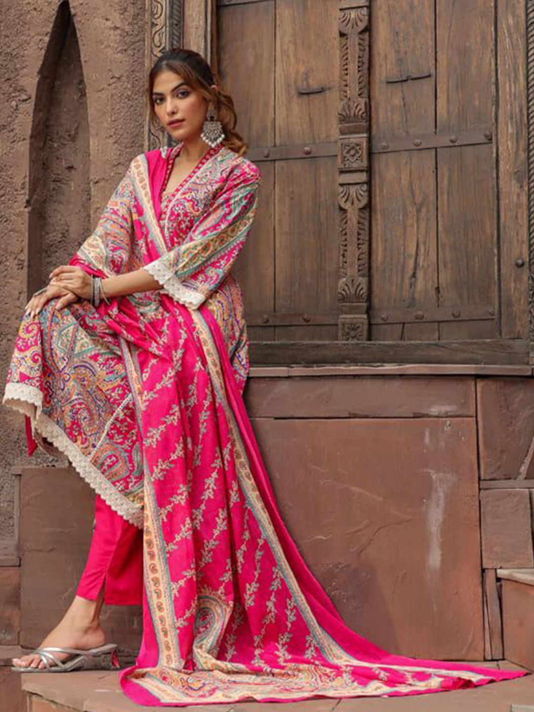 Dhiyona RR Women's Printed Thread Work Pure Cotton Anarkali Kurta with Trousers & Dupatta