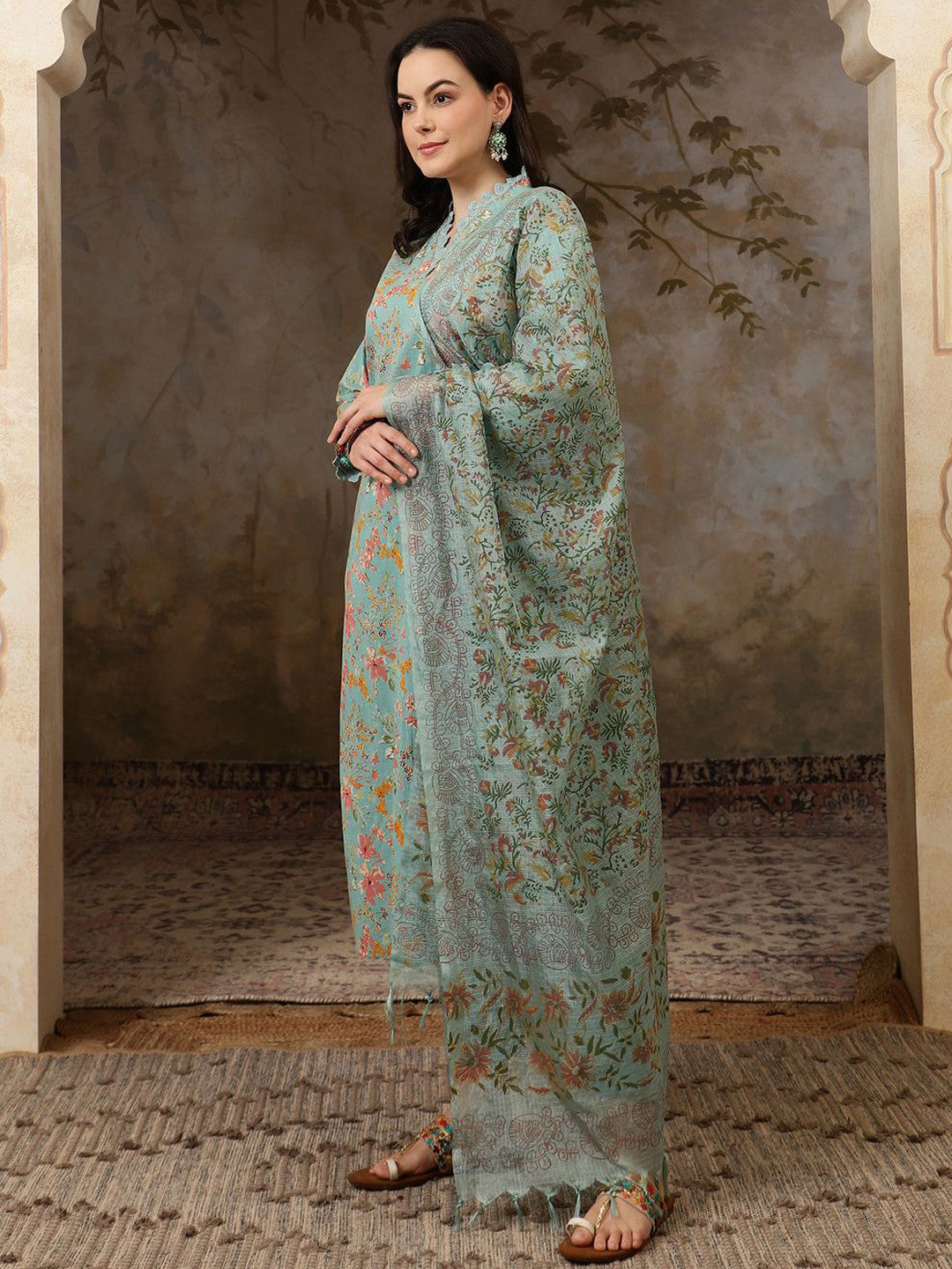 Floral Printed Pure Cotton Straght Kurta & Trouser With Dupatta