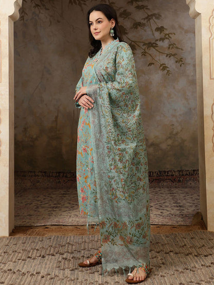 Floral Printed Pure Cotton Straght Kurta & Trouser With Dupatta