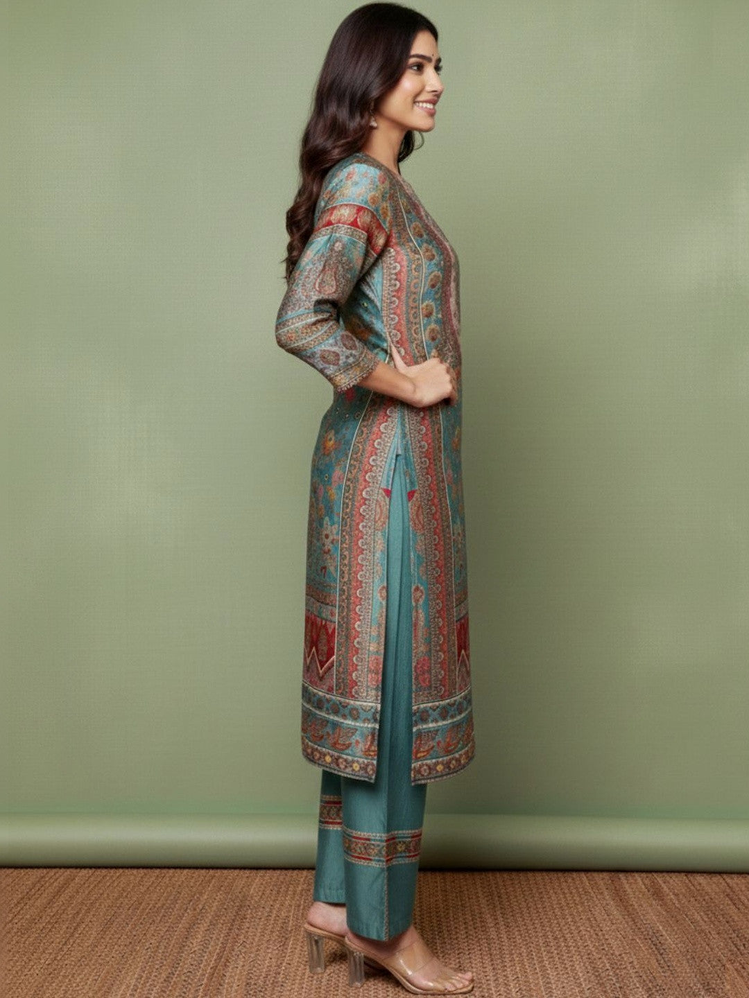 Printed V-Neck Kurta & Trousers