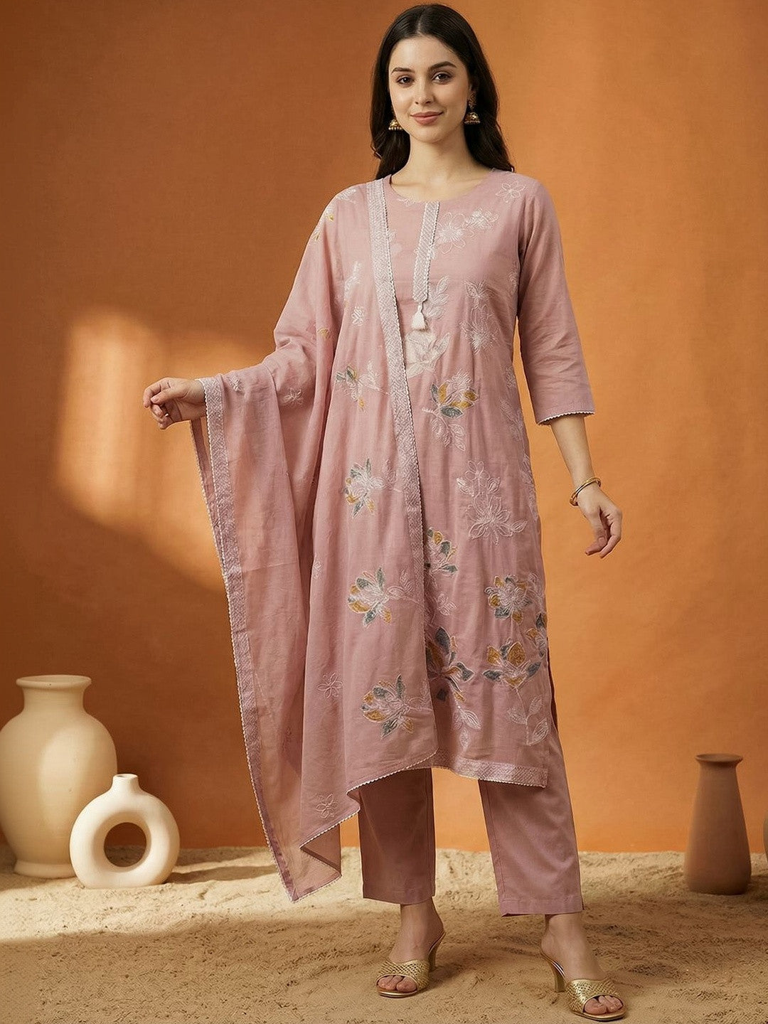 Pink Embroidered Straight Kurta Trousers Dupatta Set Kurta Sets