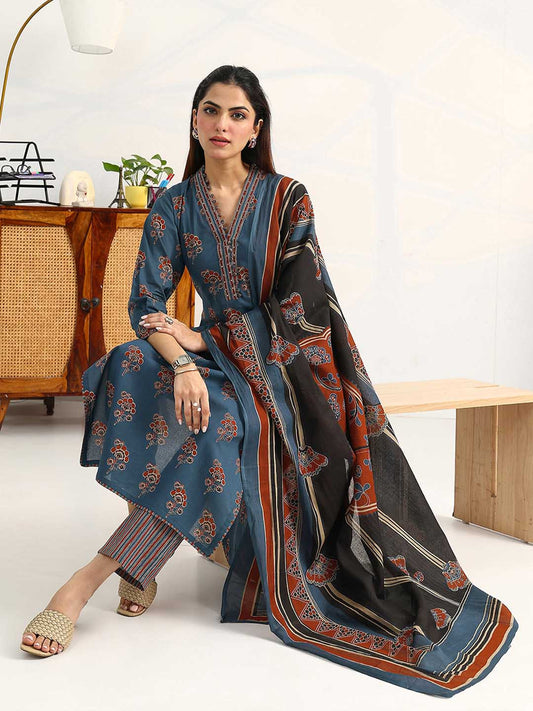 Women Ethnic Motifs Printed Regular Cotton Blend Kurta with Trousers & With Dupatta