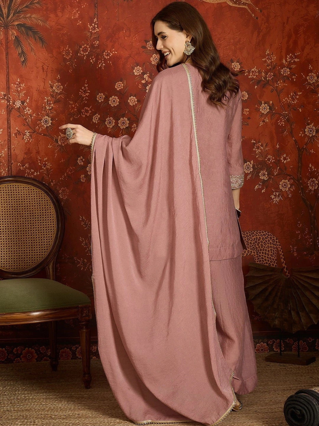 Women Ethnic Motifs Embroidered Regular Thread Work Pure Silk Kurta with Palazzos & With Dupatta