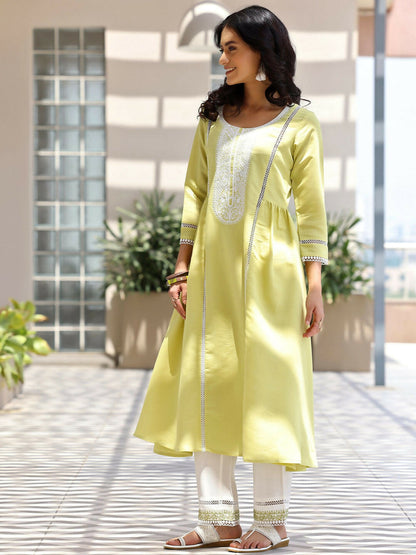 Women's LB Green Embroidered Silk Blend A-Line Kurta With Trousers & Dupatta