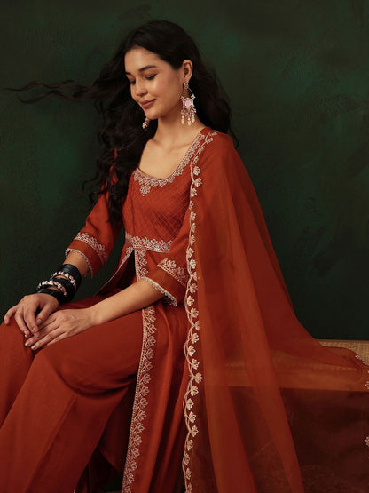 Dhiyona SN Women's Sequence Embroidered Front Slit Kurta With Trousers & Dupatta