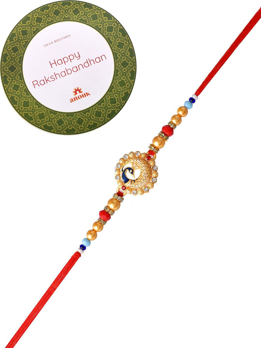 Dhiyona Gold Toned Beaded Peacock Patterned Rakhi With Roli Chawal & Greeting Card