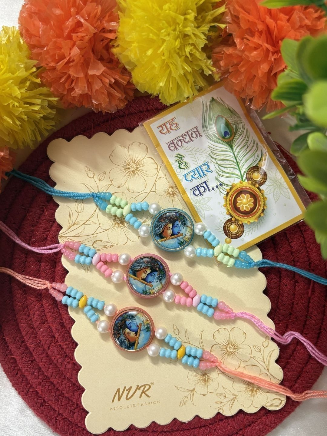 Dhiyona Set Of 3 Radha Krishna Thread Rakhi With Roli Chawal Chandan Mishri