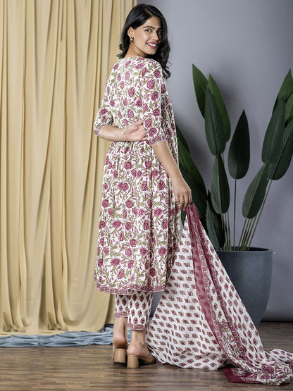 Dhiyona KL Floral Printed V-Neck Pure Cotton Anarkali Kurta With Trousers & Dupatta