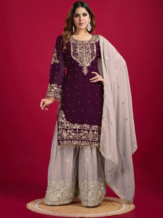 Dhiyona KL Women Embroidered Regular Sequinned Kurta with Sharara & With Dupatta