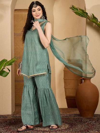 Women BandheJ Printed Asymmetric Short Kurti With Sharara & Dupatta