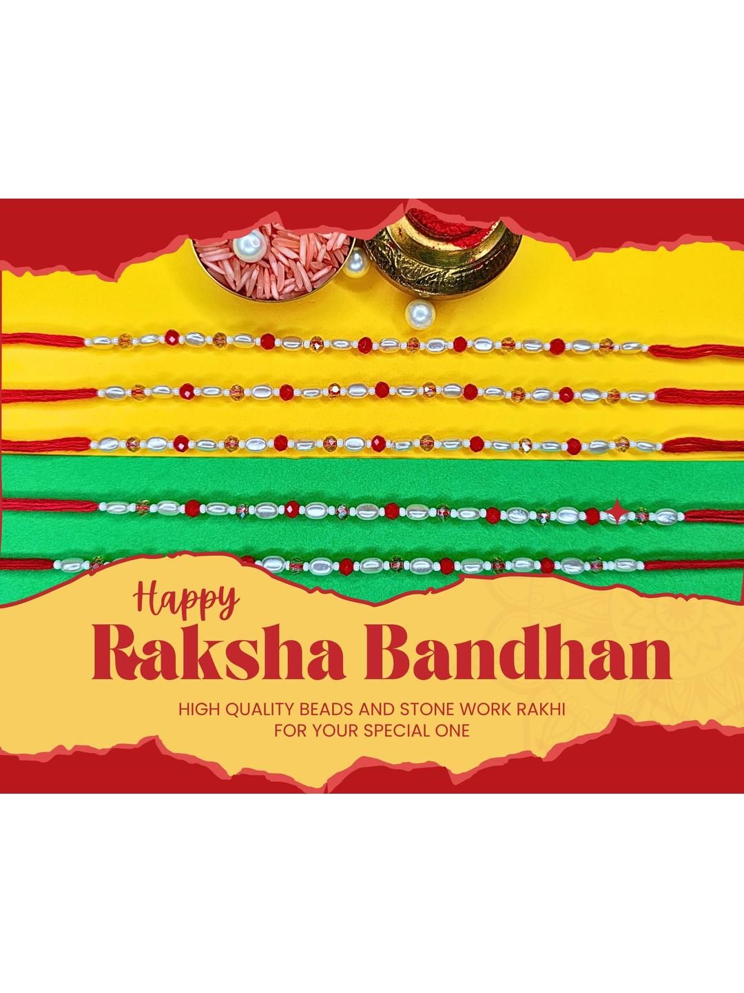 Dhiyona Set Of 6 Beaded Cotton Thread with AD Stones & Meenakari Designer Rakhi for Brother