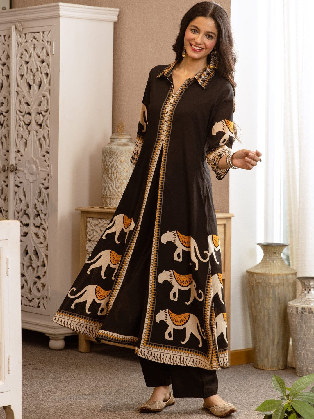 Printed Pure Cotton A-Line Kurta With Trousers