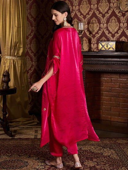 Dhiyona CH Women Floral Embroidered V-Neck Sequinned Satin Kurta with Trousers
