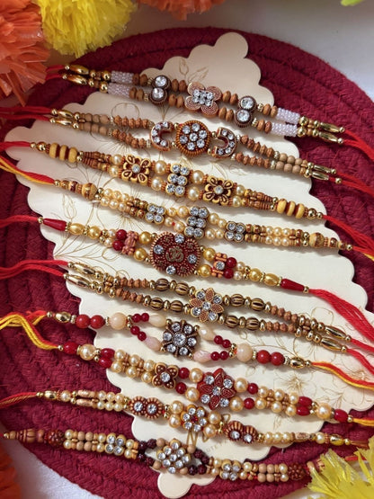 Dhiyona Set Of 10 Artificial Stones & Beads Thread Rakhi With Roli Chawal Chandan Mishri