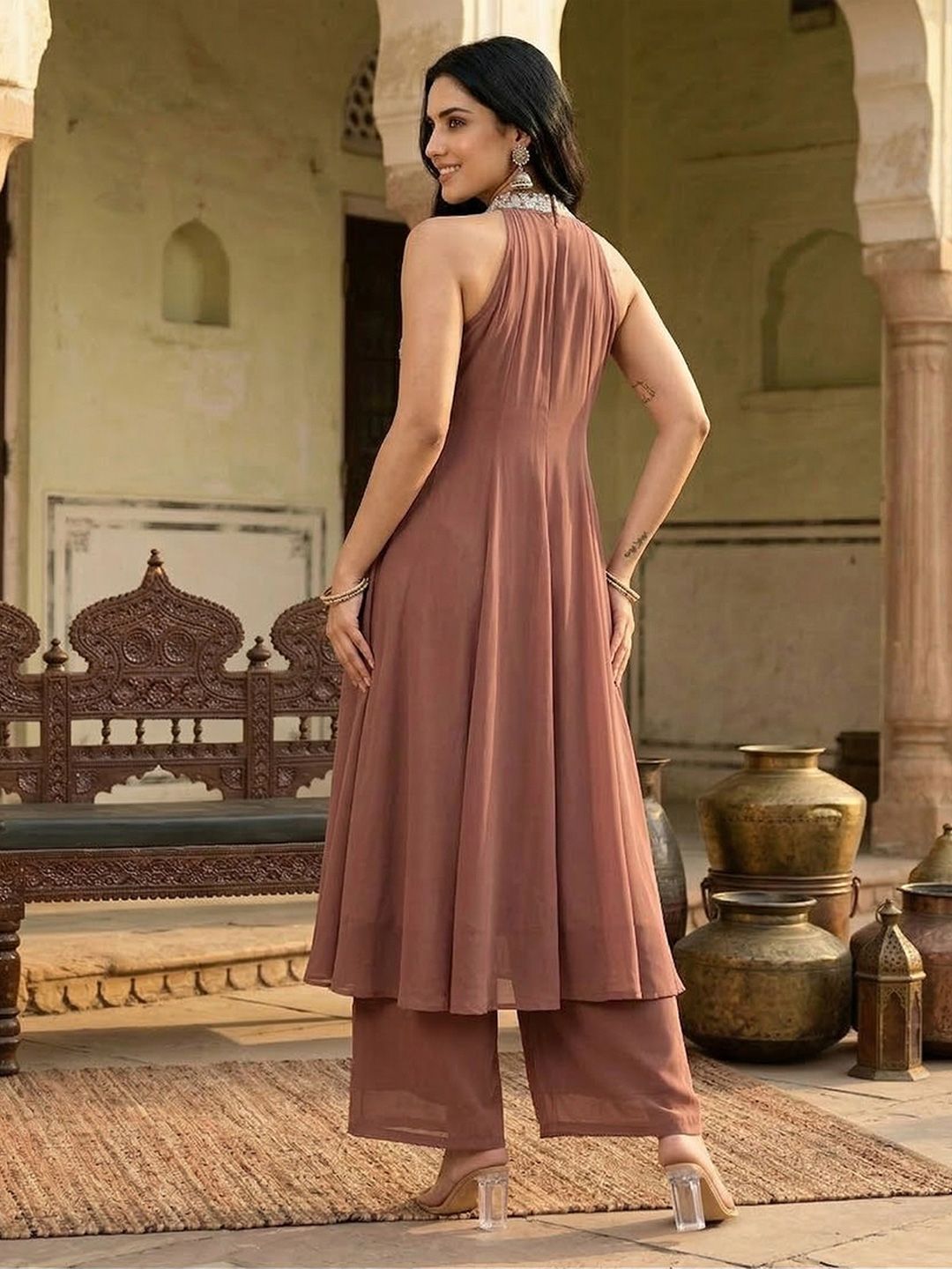 Camel Brown Floral Embroidered Panelled Silk Georgette Anarkali Kurta With Trouser