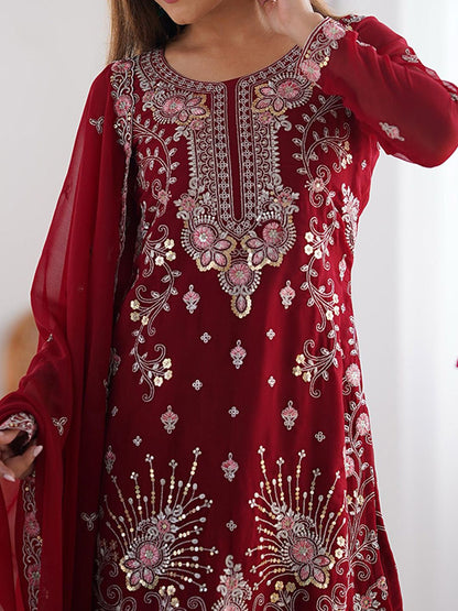 Dhiyona KL Ethnic Motifs Embroidered Sequinned Straight Kurta With Sharara And Dupatta