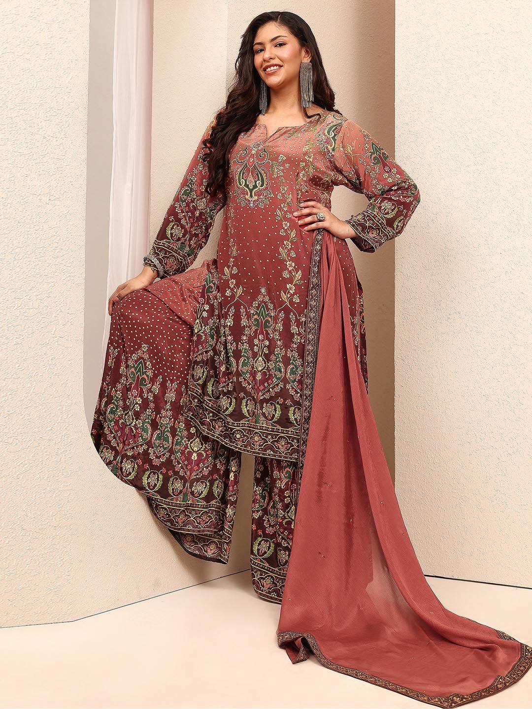 Dhiyona Women's Ethnic Motifs Printed Regular Silk Crepe Kurta with Palazzos & With Dupatta