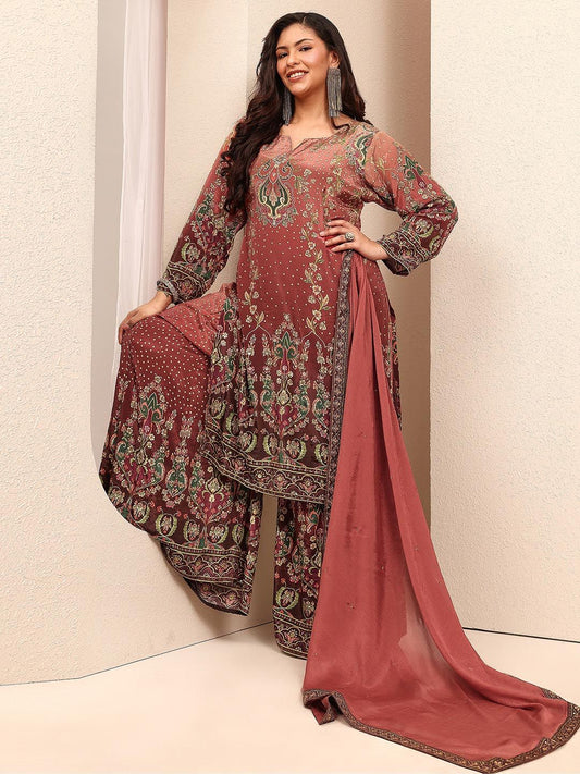Dhiyona Women's Ethnic Motifs Printed Regular Silk Crepe Kurta with Palazzos & With Dupatta