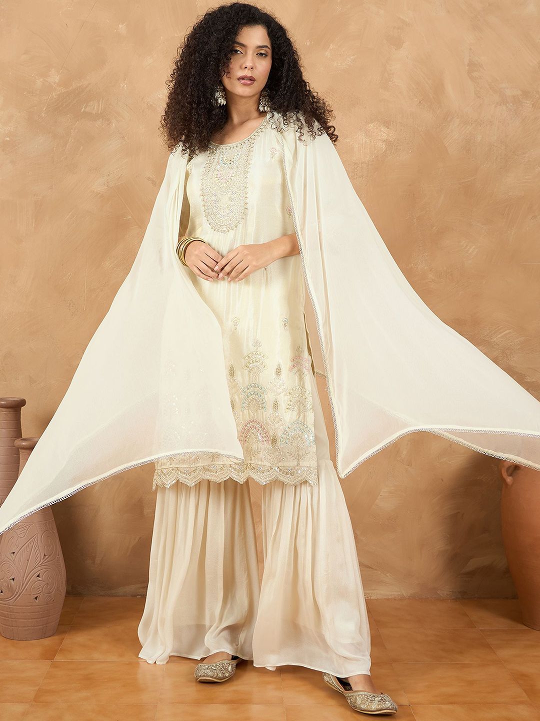 Dhiyona VA Women Embroidered Straight Kurta with Sharara & Dupatta