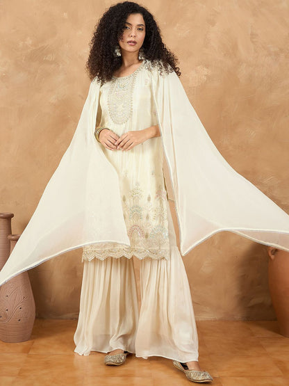 Dhiyona VA Women Embroidered Straight Kurta with Sharara & Dupatta