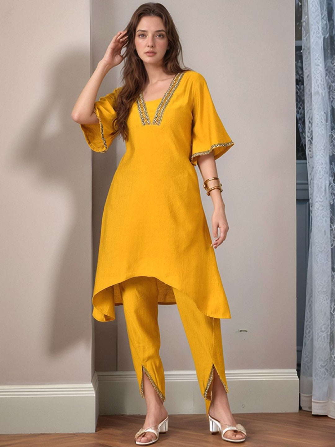 Women Solid Ethnic Kurta with Dhoti Pant
