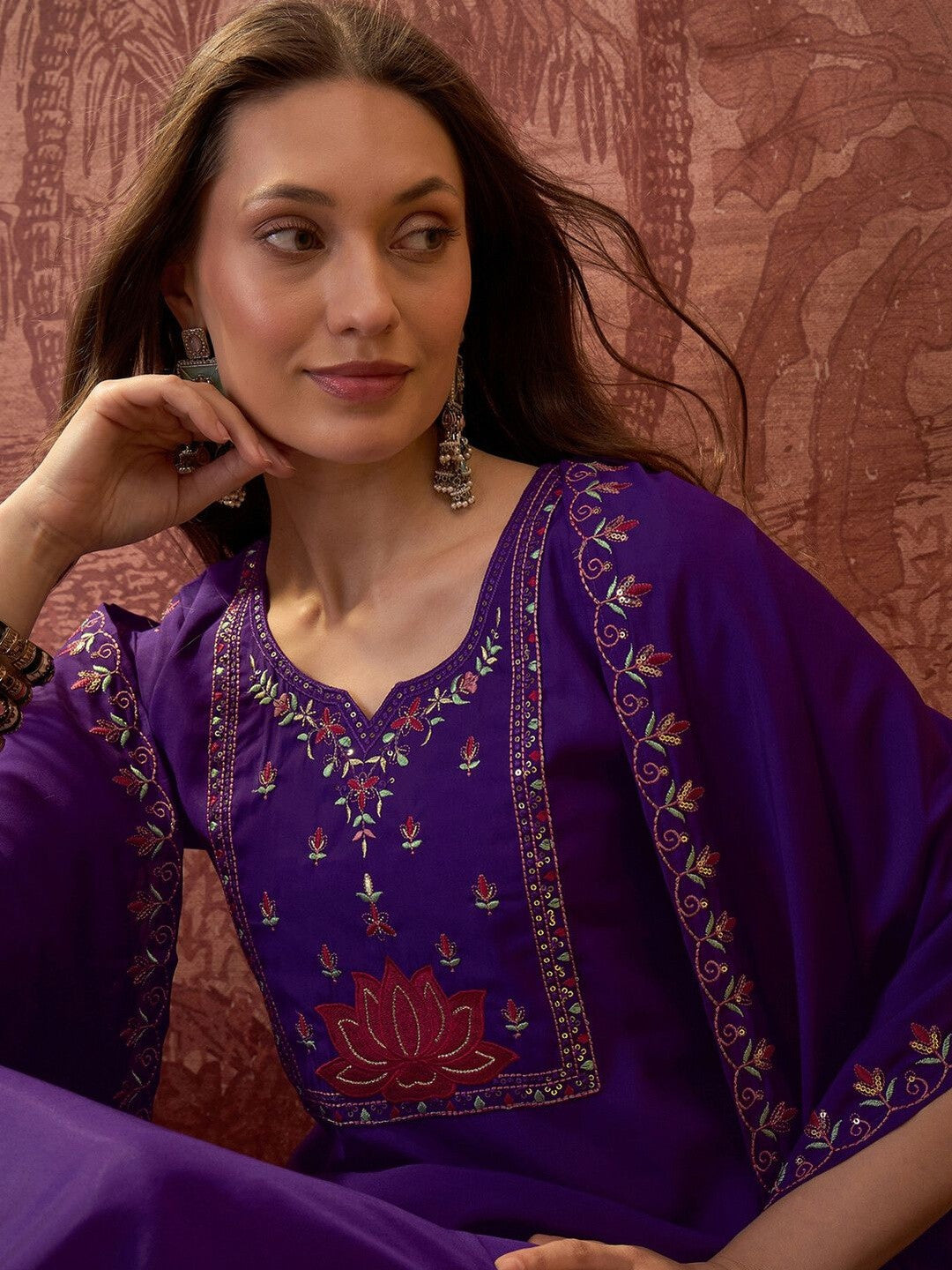 Embroidered Silk Blend Notched Neck Kurta & Trousers With Dupatta
