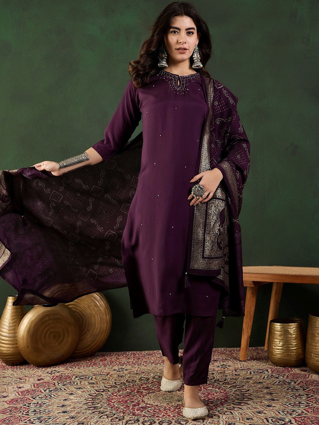 Self Design Keyhole Neck Kurta & Trousers Kurta Set