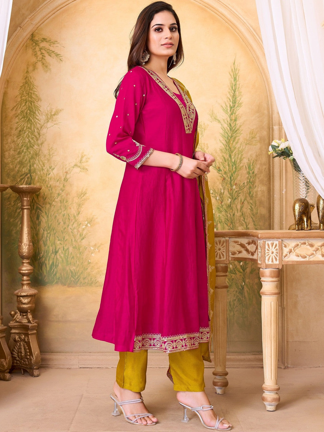 Embroidered V-Neck Kurta & Trousers With Dupatta