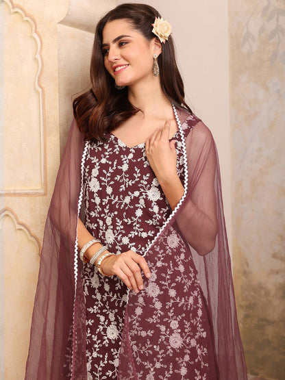 Dhiyona IN Floral Embroidered Sweetheart Neck Sequinned Kurti With Palazzos & Dupatta