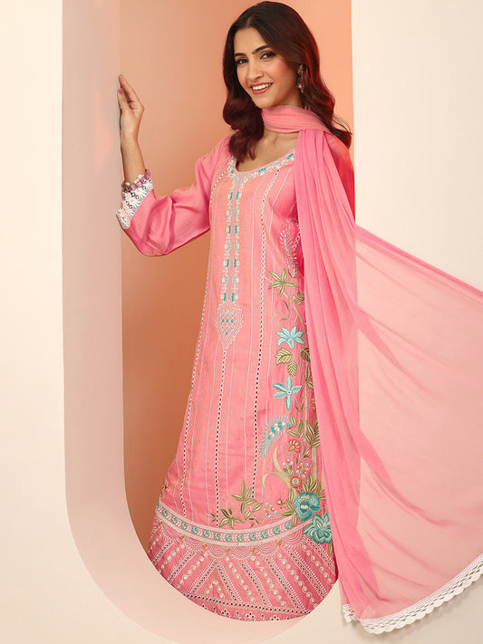 Women Floral Embroidered Regular Thread Work Kurta with Trousers & With Dupatta