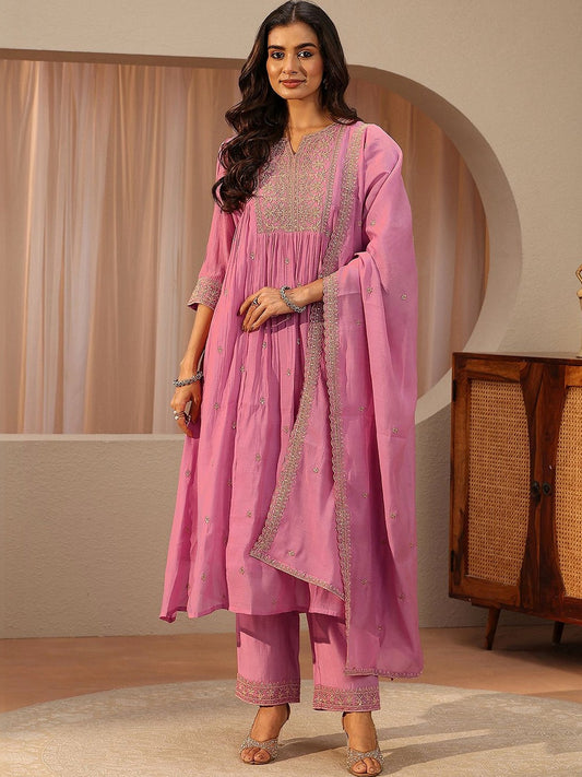 Pink Floral Embroidered Chanderi Cotton A-line Suit Set