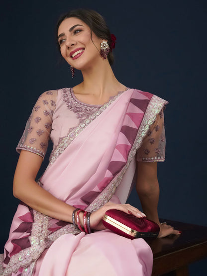 Dhiyona KS Women's Sequin Embellished Geometric Printed Satin Saree