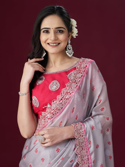 Dhiyona KS Women's Floral Printed Sequin Embellished Satin Saree